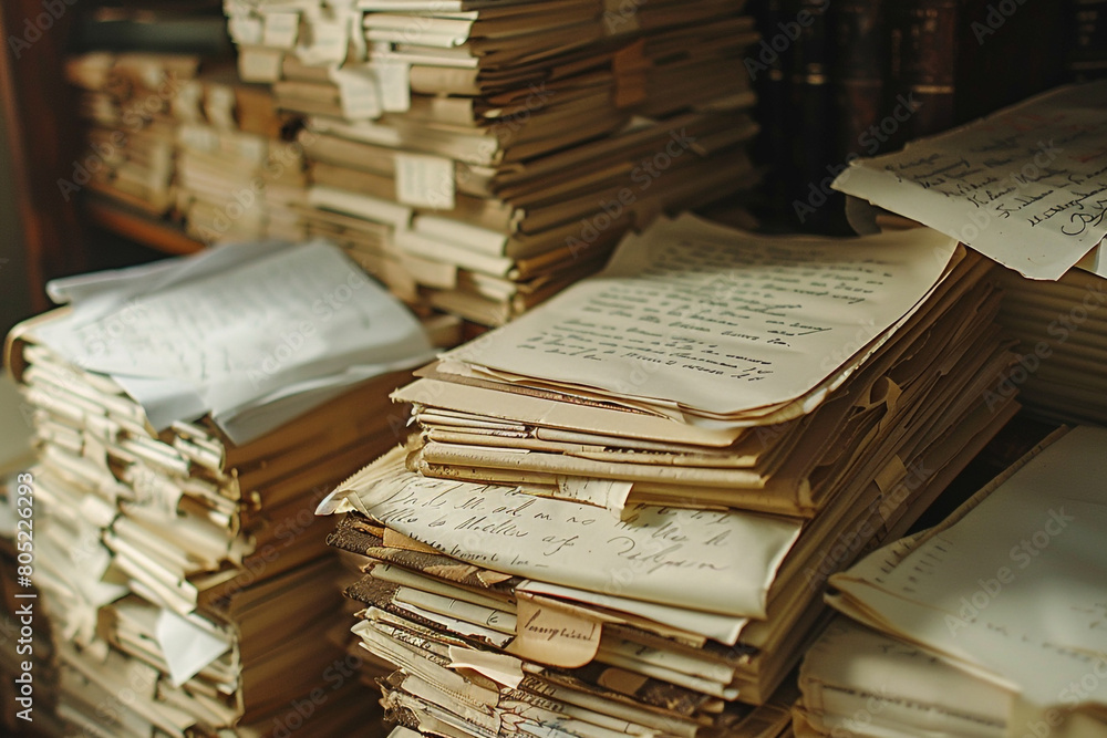 Poster historical documents and letters in an archive close-up on the preservation of information and memor