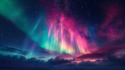 A breathtaking display of northern lights dances across a star-filled night sky over a tranquil...