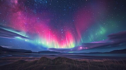 The vivid colors of the aurora borealis shine over a serene nocturnal landscape with reflections in...