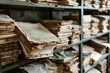 Obraz premium Historical documents and letters in an archive close-up on the preservation of information and memories 