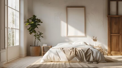 A light bedroom rustic interior is perfectly accented with a 3D Mockup frame for a serene ambiance, 3D render sharpen