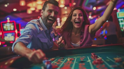 An exuberant man and woman cheer at their winning roll at a lively casino's craps table