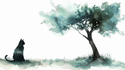 A watercolor painting of a minimalistic cat sitting quietly under a tree, Clipart isolated on white background