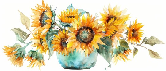 A watercolor painting of a minimal vase filled with vibrant sunflowers, Clipart isolated on white background