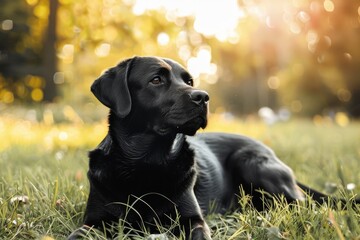 A calm black dog lies in a field bathed in warm sunlight, depicting peacefulness and contentment