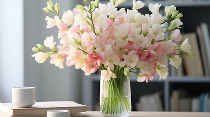 A bouquet of pastel-colored freesia flowers arranged in a modern vase, bringing a touch of elegance to any space.