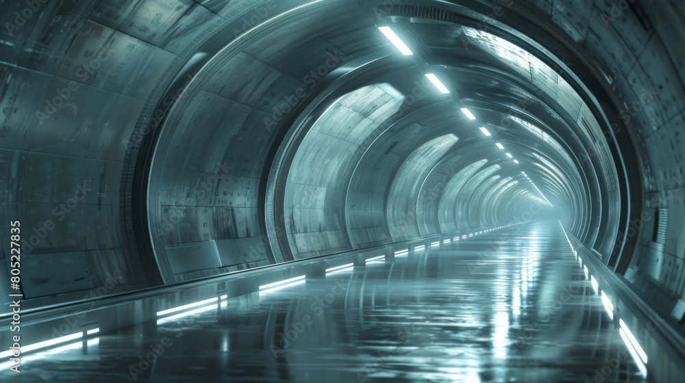Poster a futuristic and minimalistic underground tunnel creating a sense of emptiness and mystery.