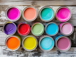 A variety of open paint cans with vibrant colors displayed on a rustic wooden background, symbolizing creativity and choice.