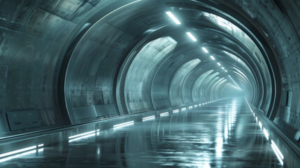 A futuristic and minimalistic underground tunnel creating a sense of emptiness and mystery.