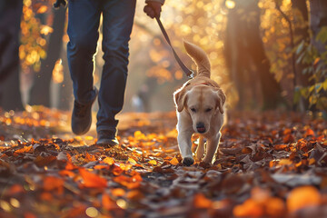 A determined dog pulling its owner along on a brisk morning walk through autumn leaves.