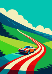 A vibrant and eye-catching vintage-inspired design featuring a racing car drifting around an American flag. The car is adorned with patriotic colors and leaves a trail of smoke as it navigates 