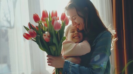 Little daughter hugging her mother and gives her a bouquet of flowers tulips at home. Happy Mother's day concept