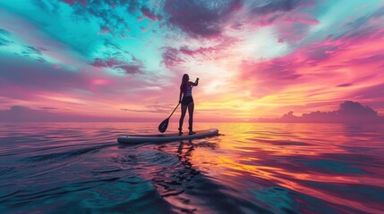 A woman is paddling a surfboard on a calm ocean