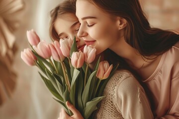 Little daughter hugging her mother and gives her a bouquet of flowers tulips at home. Happy Mother's day concept - Powered by Adobe