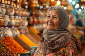 A woman wearing a grey scarf stands in front of a spice rack