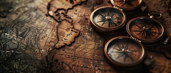 Banner background for an oldworld map theme, featuring vintage compasses and scripts as the element of subject, Sharpen banner background concept 3D with copy space