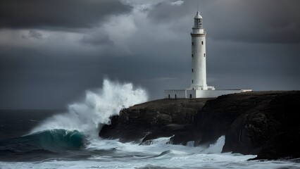 Storm waves over the Lighthouse in a cloudy day