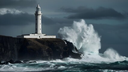 Storm waves over the Lighthouse in a cloudy day - Powered by Adobe