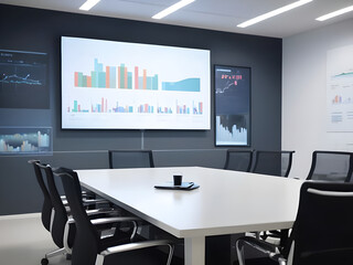 Blurred office background. Modern Empty Meeting Room with Big Conference Table with Various Documents and Laptop on it. Wall TV Showing Company Statistics, Graphs. Late Evening or Night