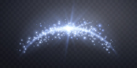 Blue magic arch with glowing particles, sunlight lens flare. Neon realistic energy flare arch. Abstract light effect on a transparent background. Vector illustration. © Elena