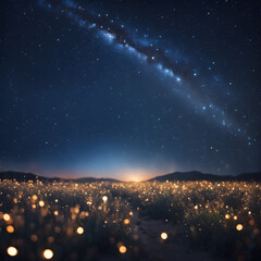 Night sky with stars and milky way over field. 3d rendering