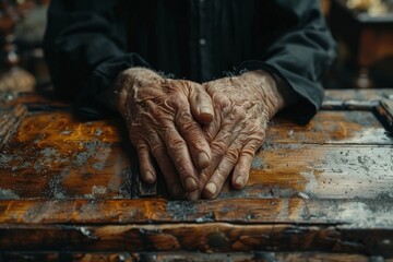 A close-up of old hands showing detailed texture and life experience as they rest on a rustic wooden surface Time and age are captured in this powerful image