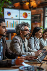 Professionals using collaborative software on multiple devices for effective teamwork.