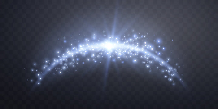 Blue magic arch with glowing particles, sunlight lens flare. Neon realistic energy flare arch. Abstract light effect on a transparent background. Vector illustration.