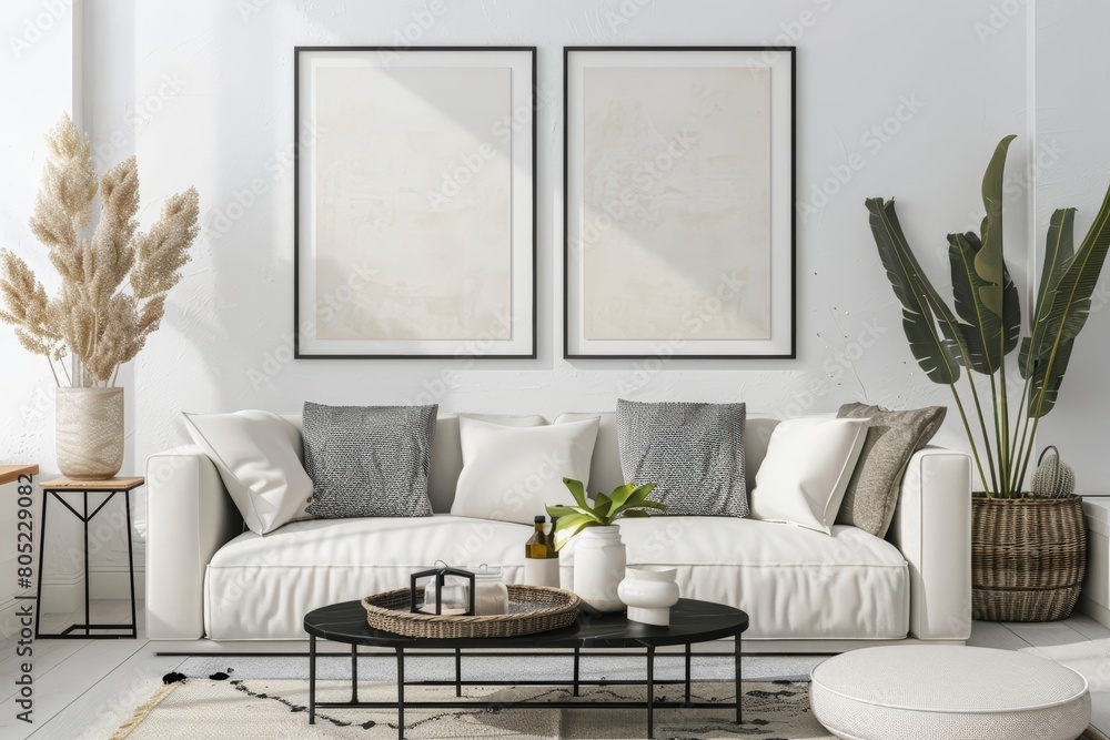 Poster featuring a 3d mockup frame, the modern scandiboho setting exudes simplicity and style, 3d render sh