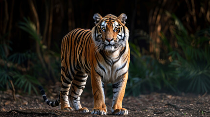 Majestic tiger in dark forest setting, showcasing strength and beauty of nature's apex predator.