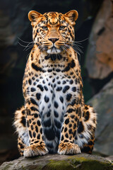 Fototapeta premium A captivating image of a leopard in its natural habitat showcasing its sleek and powerful physique against a dark background.