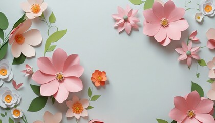 Beautiful paper flowers on light background, top view