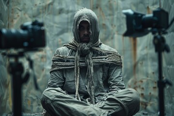 A bound figure sits captive, surrounded by surveillance equipment, creating a mysterious and intense cinematic narrative