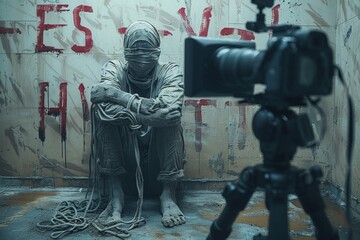 In a tense cinematic scene, a captive sits in surrender, bound by ropes with dramatic graffiti on...