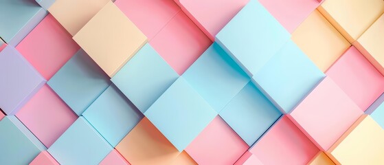 Pastel tone geometric shapes overlay a White square pattern, combining simplicity with vibrant colors, Sharpen 3d rendering background
