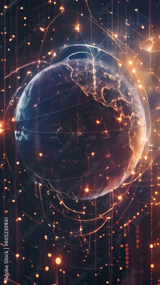 Poster a glowing globe with a starry background. the globe is surrounded by a network of lines and dots, gi