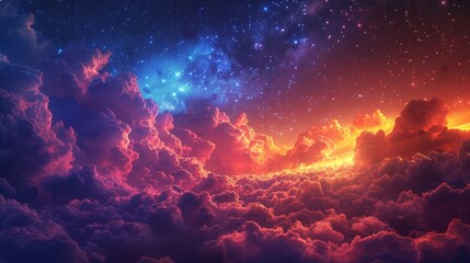 Fototapeta premium The artwork showcases a dramatic contrast between the fiery orange clouds and the serene starry sky, capturing the beauty of cosmos