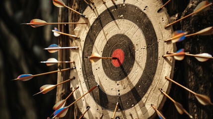 Close-up view of a weathered archery target with arrows hitting near the center, depicting precision and focus.

