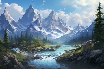 Naklejka premium Verdant River aerial hills view. Sunny vacation. Generate Ai