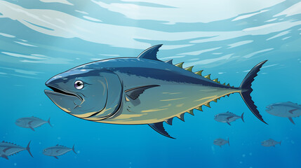 Naklejka premium Within the confines of a minimalist fish tank, a giant tuna fish roamed freely, its movements both majestic and mesmerizing against the understated backdrop.cartoon