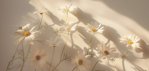 Chic floral pattern featuring chamomile daisy flowers, their elegance enhanced by sunlight shadows on a beige background. 