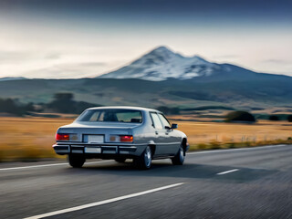 Fototapeta na wymiar Blurred car on road in front of mountain