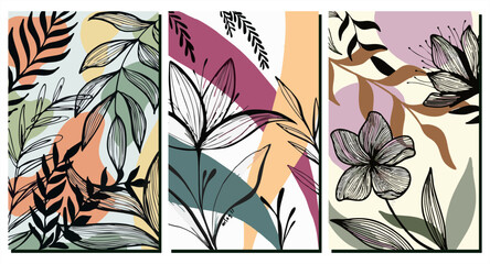 Abstract seamless floral background with flowers and leaves. Hand drawn modern art. Vintage organic hand drawn nature doodle graphic. Naive botanical simple graphic. Retro muted natural colors