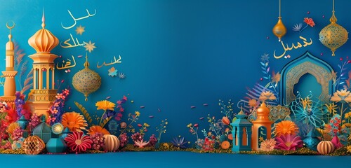 A vibrant display featuring Eid greetings, Arabic calligraphy, and decorative elements celebrating Bakra Eid Mubarak. 