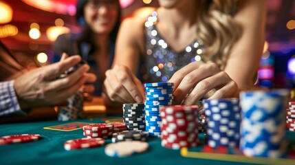 Defocused image of a poker game in progress with stacks of multicolored chips on a green table