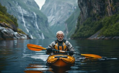 A man in a yellow life jacket paddles a kayak in a river