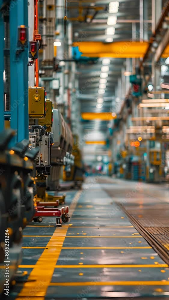 Poster a factory floor with a yellow crane overhead. the floor is empty and the only people visible are wor
