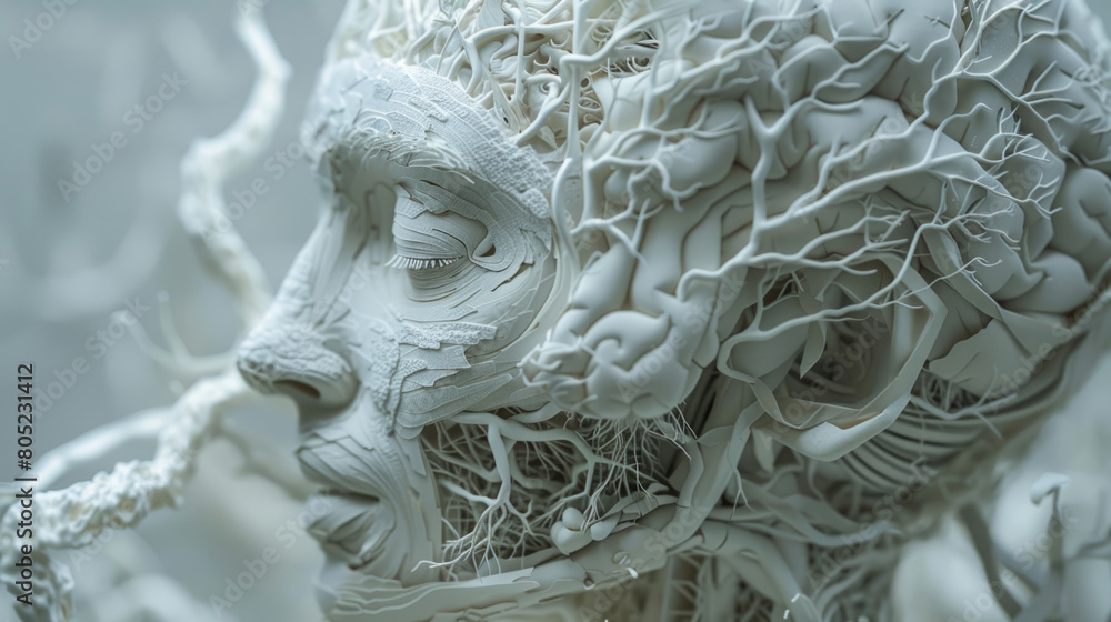 Poster intricate paper sculpture depicting complex cognition through tangled thoughts in a brain.
