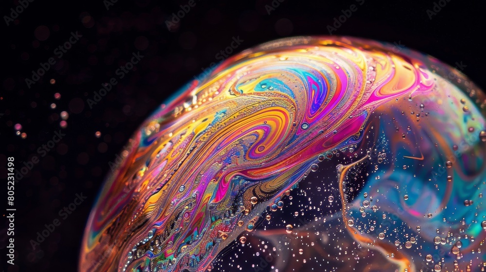 Poster crisp macro shot capturing the swirling, bright hues of paint and light on a bubble