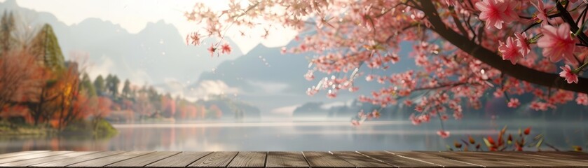 The cherry blossom flower blooms splendidly near the wooden table in the midst of an autumn color landscape, Sharpen 3d rendering background - Powered by Adobe